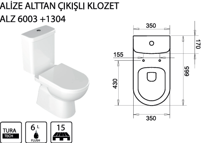 TURAVİT ALİZE ALTTAN ÇIKIŞLI KLOZET + REZERVUAR KOD: ALZ 6003+1304
